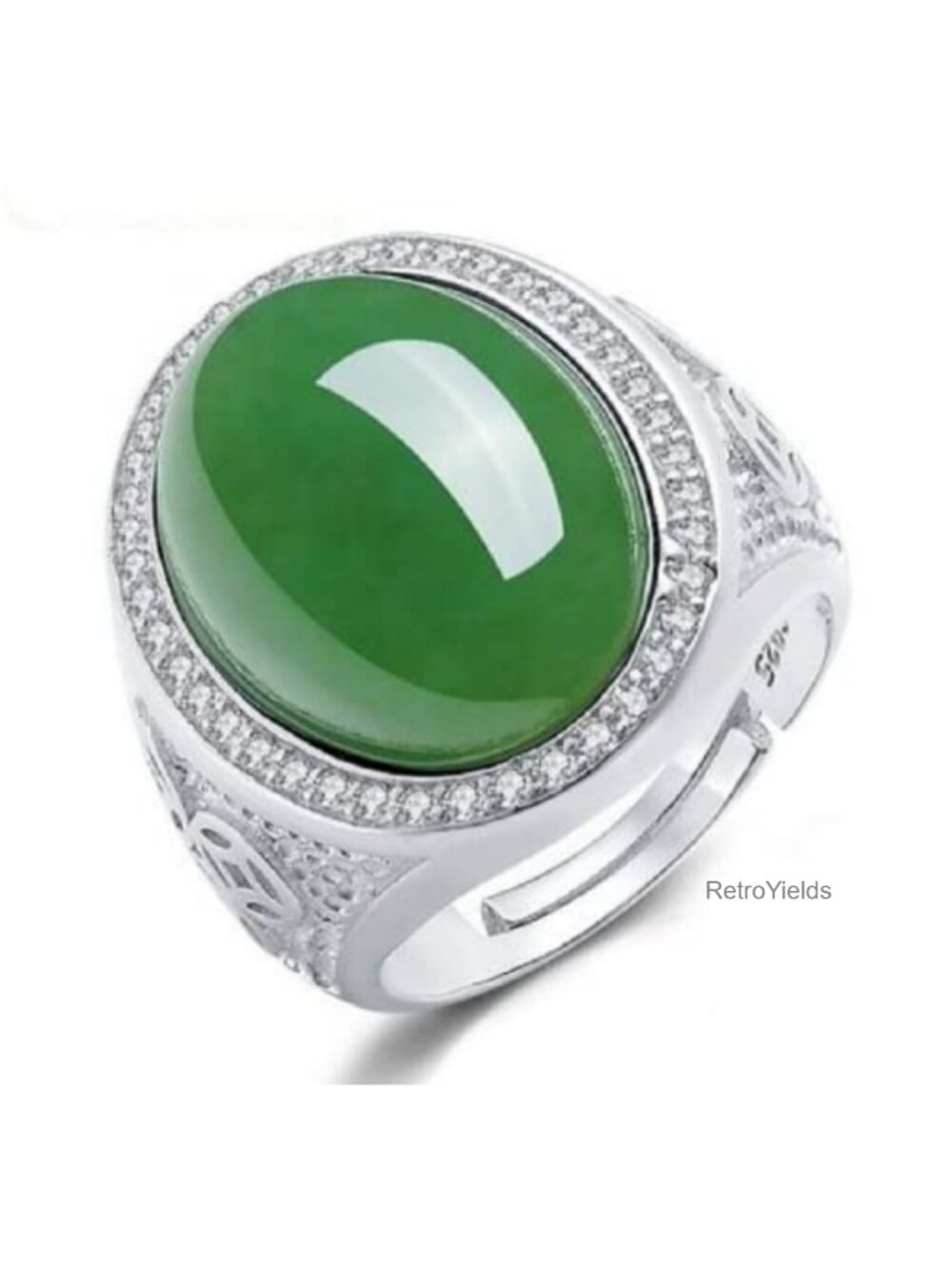 Oval Green Simulated Emerald 925 Silver 18k Gold Plated Men's Open Adjustable